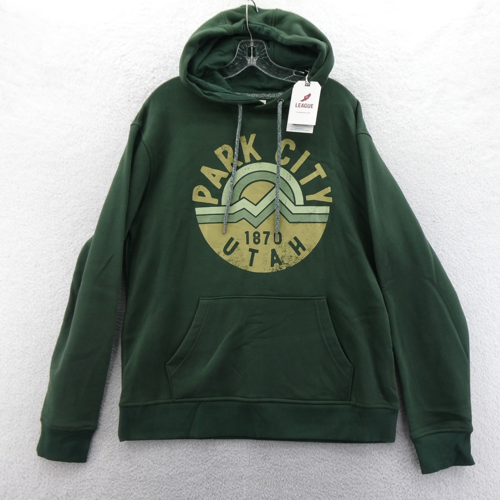 League Hoodie Mens Large Park City Utah Green Graphic Logo Cotton Blend